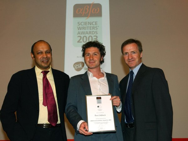 [Glaxo Man]  Ben Goldacre receiving award from Pallab Ghosh (BBC--Voice of Big Brother) & Dr Alastair Benbow, Glaxo SmithKlines European medical director