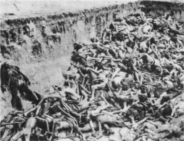 Photograph of victims of the typhus epidemic in a mass grave on the concentration camp in Bergen-Belsen, taken by the British Army.