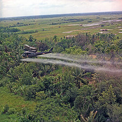 A UH-1D helicopter from the 336th Aviation Company sprays a defoliation agent on a dense jungle area in the Mekong Delta. 07/26/1969/National Archives photograph.