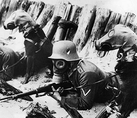 German solider in World War One with dogs equipped with gas masks.