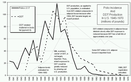 Graph showing correlation between polio incidence and DDT production in US 1940-1970