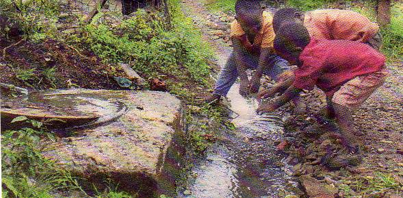 Children play in a sewage stream in the Harare suburb of Dzivaresekwa